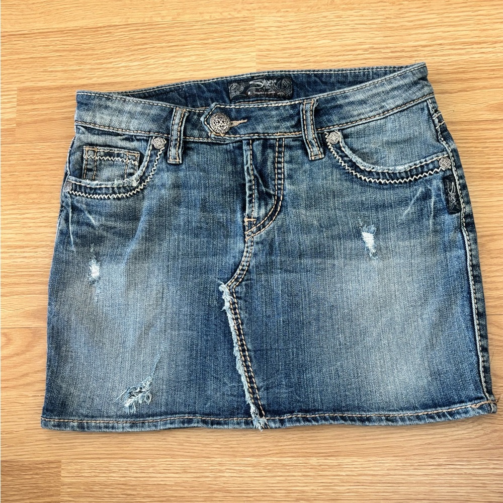 Silver Jeans Co RAVI Denim Mini Skirt Size 24 Distressed Low Rise Y2K Micro Mini